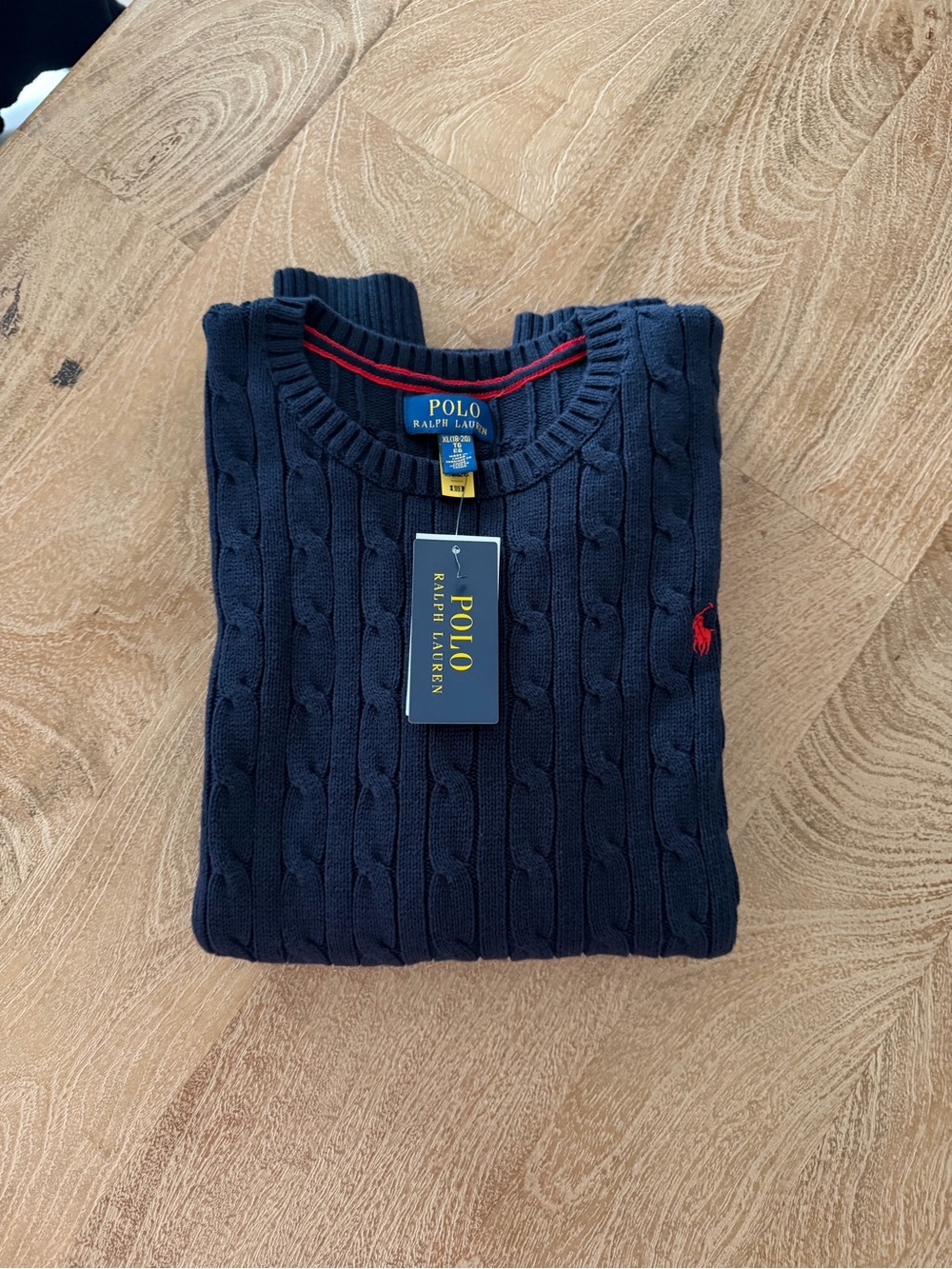 Polo Ralph Lauren Navy Cable-Knit Crewneck Sweater with Red Pony